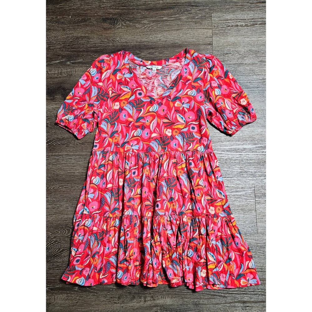 The Pioneer Women Red Floral  Puff-sleeve V-neck Tiered Dress